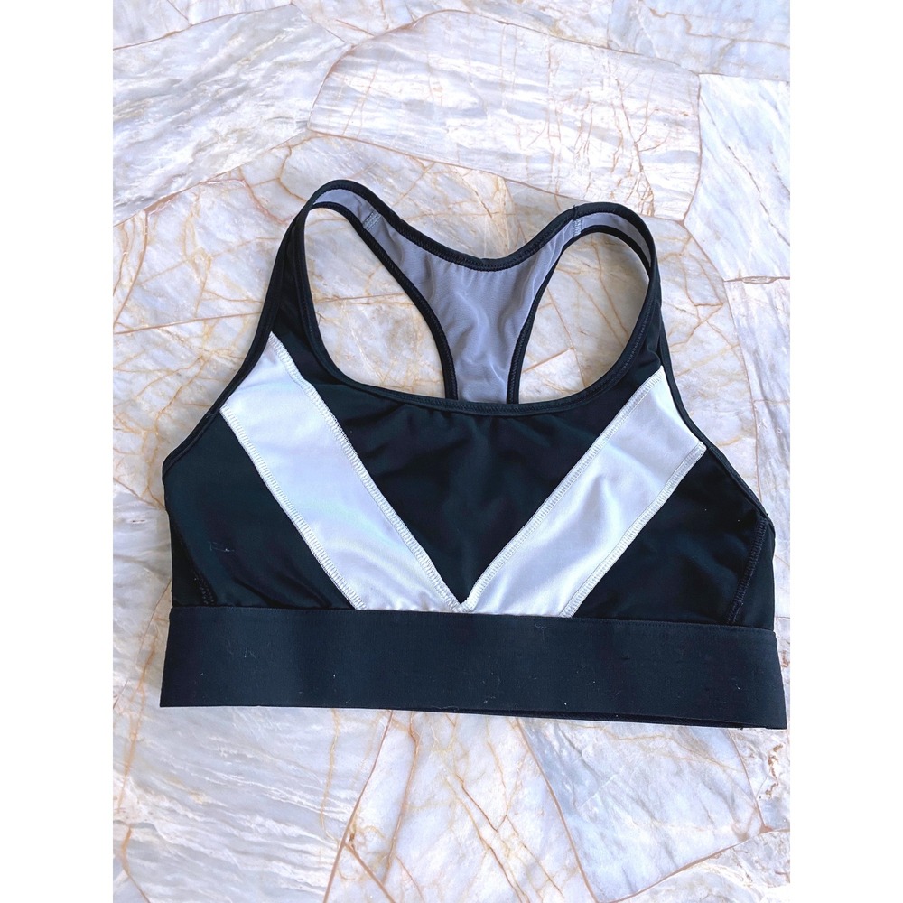Victoria Sport Racerback Sports Bra Black White Chevron Colorblock Small